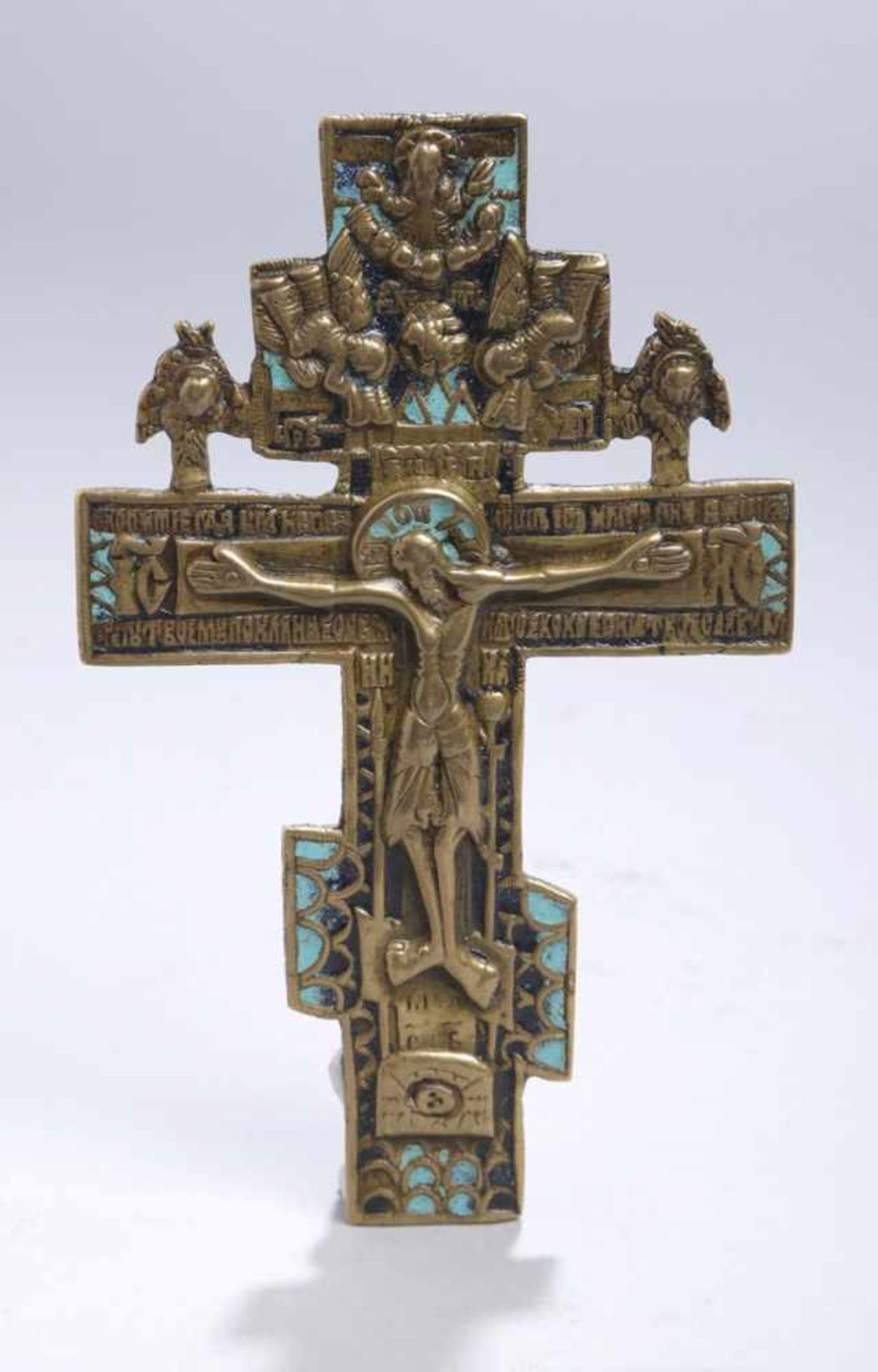 Bronze-Ikonenkreuz, Russland, 19. Jh., flache, orthodoxe Kreuzform mit 2 Seraphen und