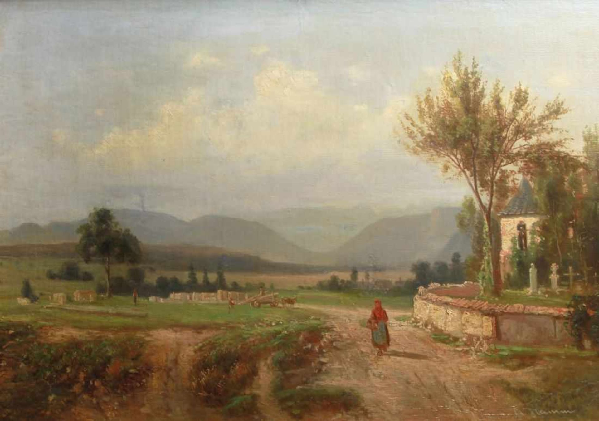 Flamm, Albert, Köln 1823 - 1906 Düsseldorf. "Landschaft mit Bauern bei der Feldarbeit",sign., Öl/Lw.