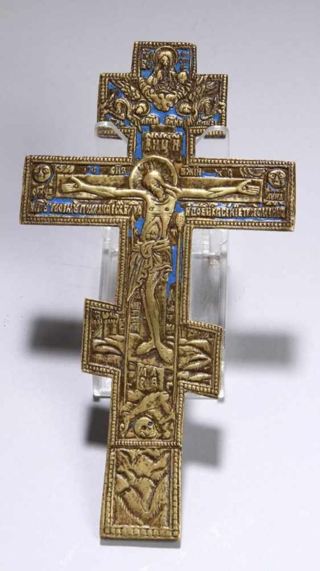 Bronze-Ikonenkreuz, Russland, 19. Jh., flache, orthodoxe Kreuzform mit reliefiertem CorpusChristi,