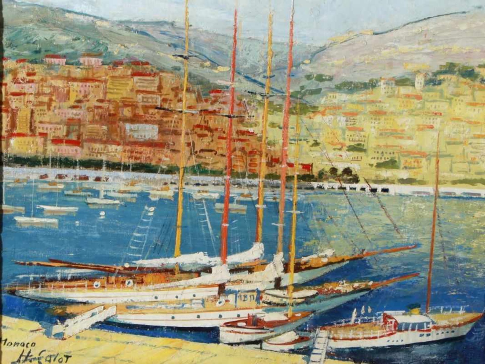 Calot, H., Maler Mitte 20. Jh. "Hafen von Monaco mit Blick auf die Stadt", sign.,Ortsbez., Öl/Lw.,