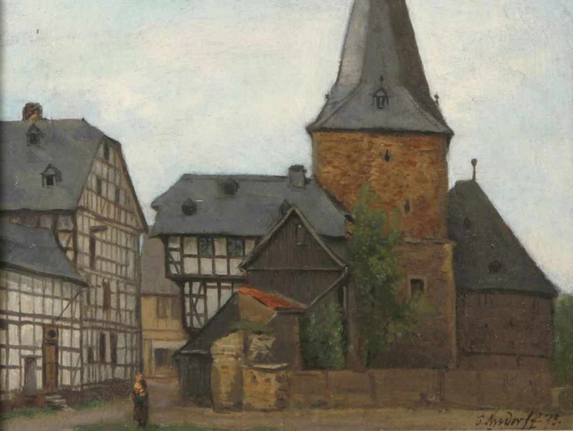 Andorff, Paul, Weimar 1849 - 1920 Frankfurt/a.M. "Dorfplatz mit Blick auf die Kirche",sign., dat.