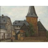 Andorff, Paul, Weimar 1849 - 1920 Frankfurt/a.M. "Dorfplatz mit Blick auf die Kirche",sign., dat.