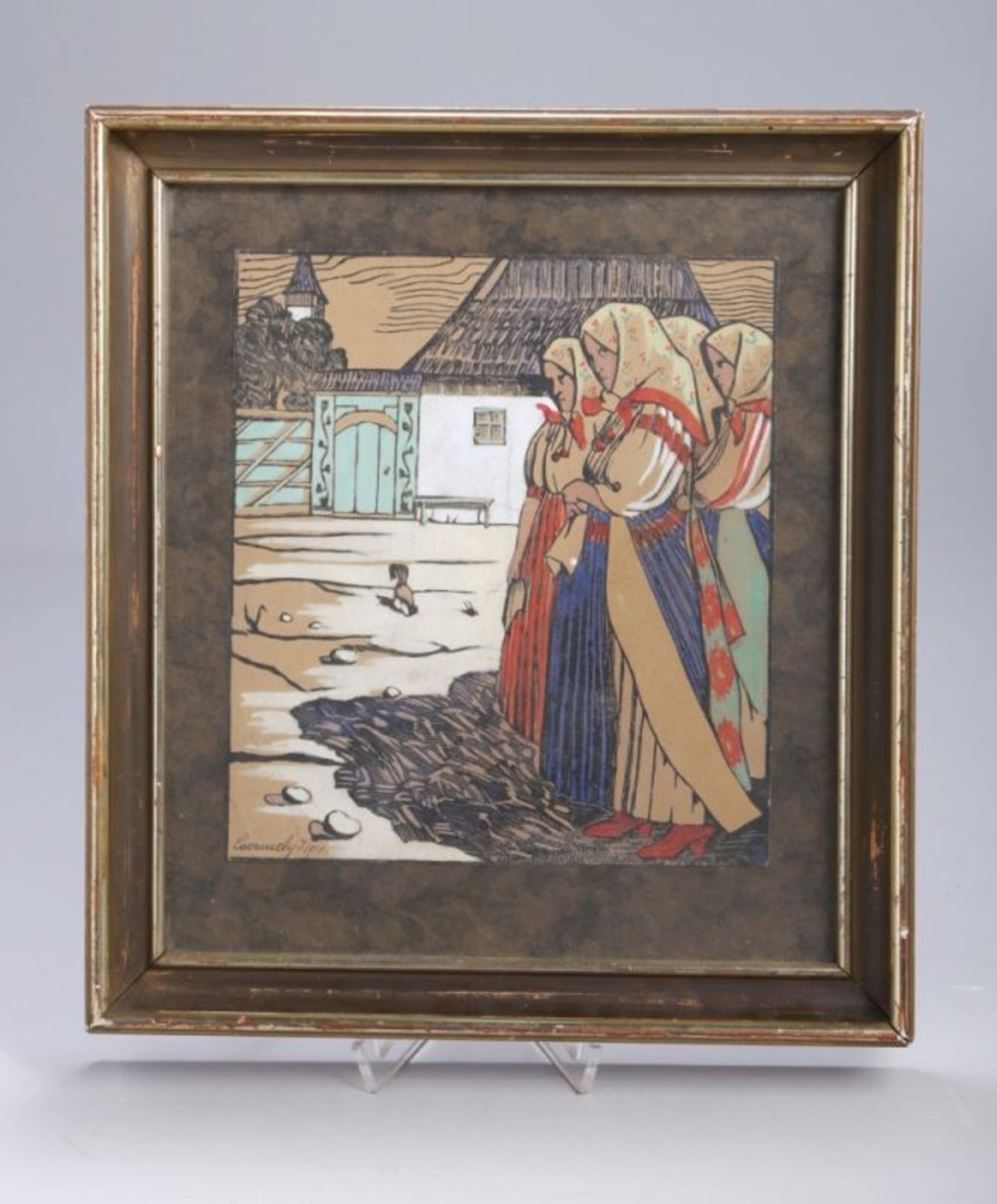 Csermely, Janos, ungarischer Maler 1883-1963. "Ungarische Bauersfrauen vor Gehöft",Holzschnitt,