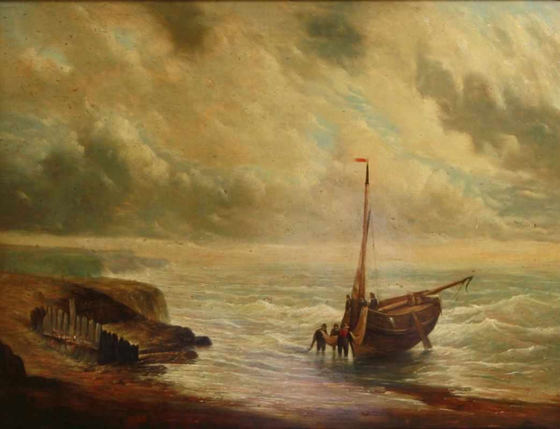 Anonymer Maler, 2. Hälfte 20. Jh. "Fischerboot an der Küste", Öl/Holz, 30 x 40 cm- - -20.00 %