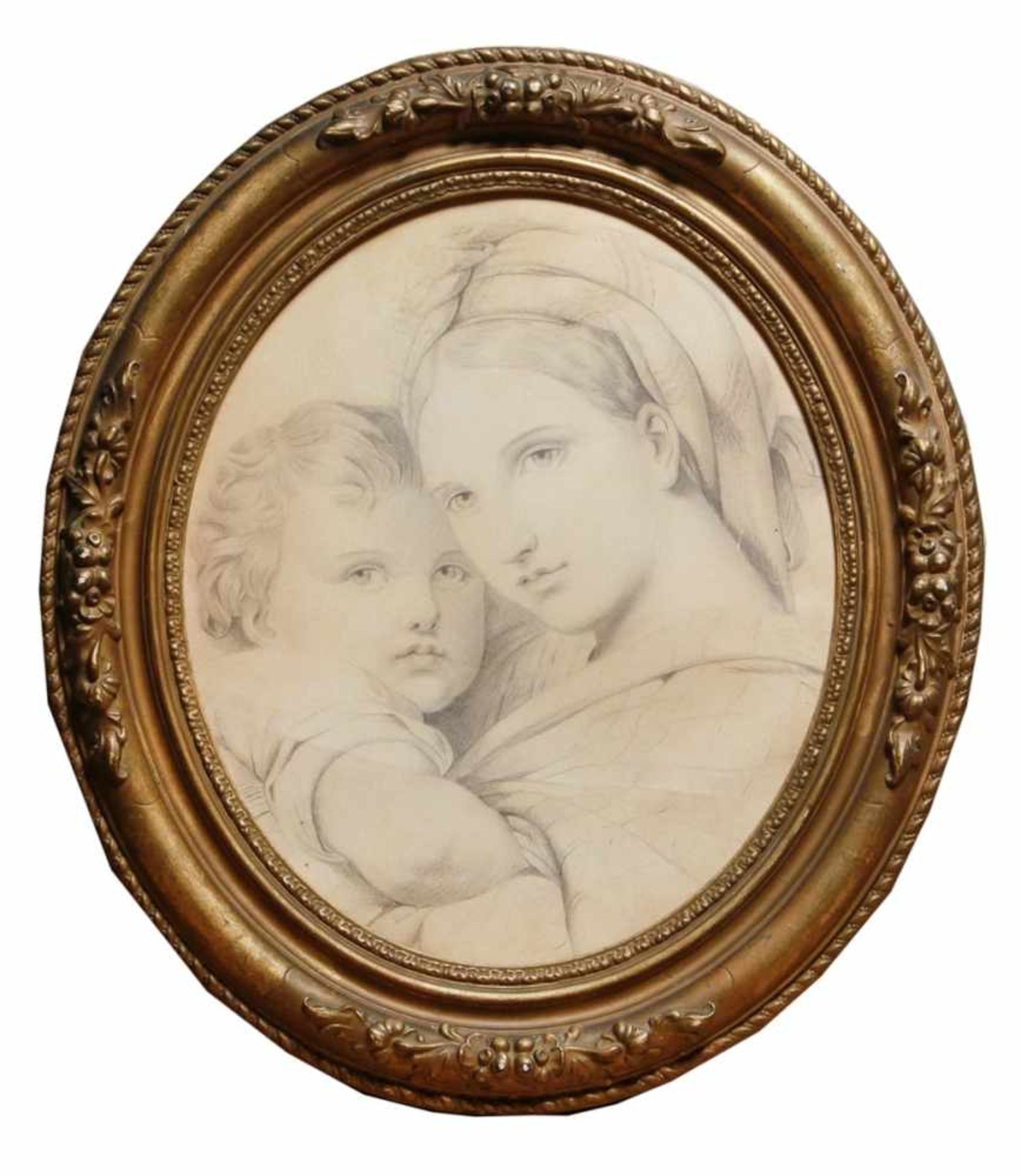 Anonymer Maler, 19. Jh. "Mutter mit Kind", Bleistiftzeichnung, oval, 31 x 27 cm- - -20.00 % buyer'