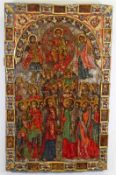 Große Ikone, Tempera auf Holz, "Thronender Christus Emanuel mit Heiligen", Balkan, 18. Jh., 140 x 90
