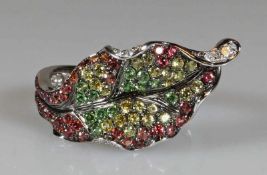 Ring, "Blütenblatt", WG 750, Brillanten ca. 0.01 ct., Tsavorit, farbige Saphire zus. ca. 1.0 ct.,