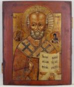 Ikone, Tempera auf Holz, "Hl. Nikolaus", wohl Russland 19. Jh., rechts unten kyrillisch