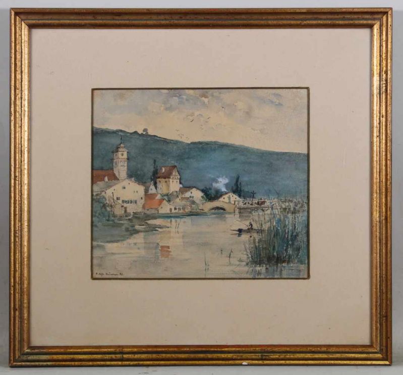 Voss, C. (19. Jh.), Aquarell, "Dorf am Fluss", signiert und datiert unten links C. Voß München 80, - Image 2 of 3