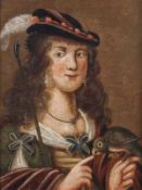 Unbekannter Maler (wohl 18. Jh.), "Dame mit Federhut und Papagei", Öl auf Holz, 26 x 20.5 cm,