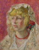 Zo-Laroque, Blanche Marie A. (1876 - 1967, Stilllebenmalerin), "Junge Frau mit Rose", Öl auf