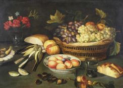 Stilllebenmaler (19. Jh.), "Stillleben mit Obst und Nelken", Öl auf Leinwand, 50 x 70 cm, leicht