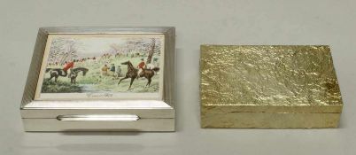 2 Zigarettendosen, Silber 925, 1x mit Deckelillustration unter Glas, je innen Holz und geschwert,