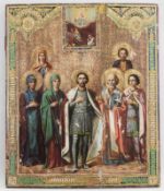 Ikone, Tempera auf Holz, "Pokrov mit sieben Heiligen", Russland, um 1900, 53.5 x 44.5 cm, vertikaler