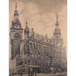 Prött, Paul (1880 - 1945, deutscher Maler und Grafiker), Kaltnadelradierung, "Rathaus in Aachen",