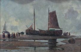 Ruyter, Victor de (geb. 1870 Kerkberg, Genre- und Landschaftsmaler), "Fischerboote am Strand", Öl
