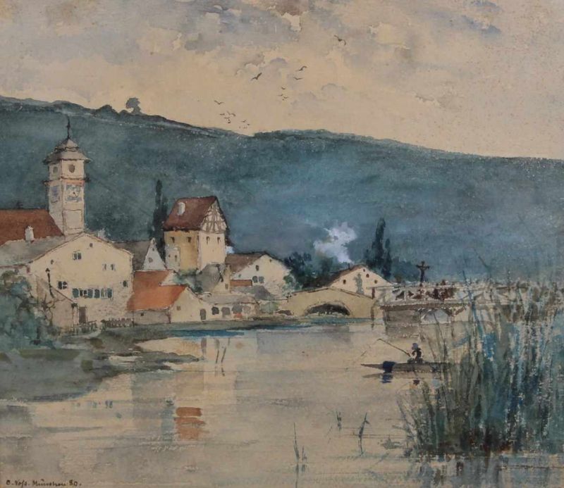 Voss, C. (19. Jh.), Aquarell, "Dorf am Fluss", signiert und datiert unten links C. Voß München 80,
