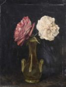 Unbekannter Maler (1. Hälfte 19. Jh.), "Zwei Rosen in einer Glasvase", Öl auf Papier, auf Karton,
