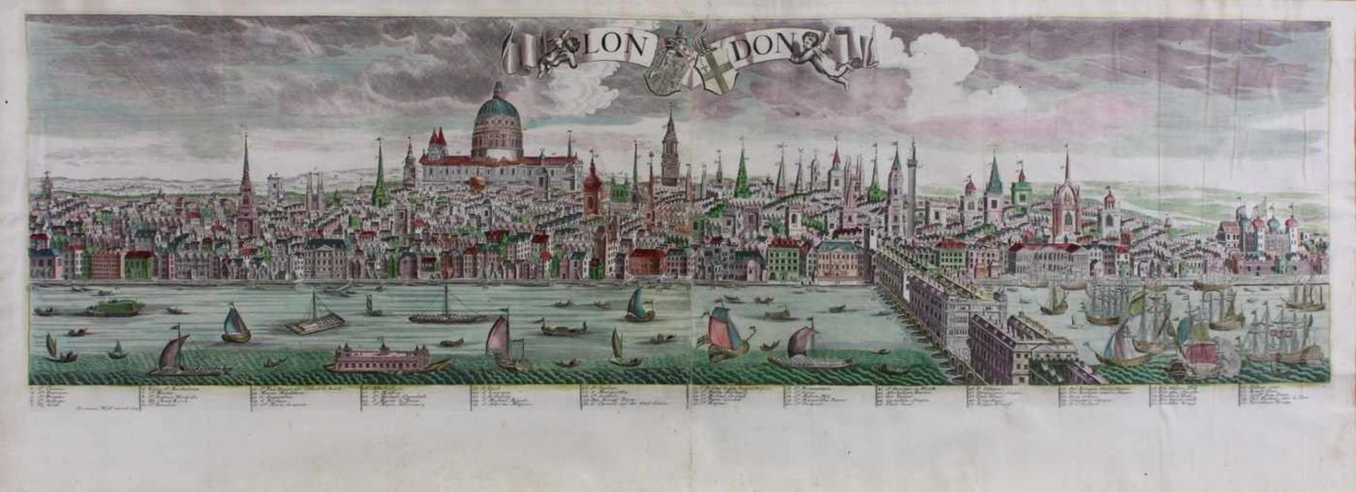 Kolorierter Kupferstich, "London", bezeichnet Jeremias Wolff excut. Aug., 31.5 x 106 cm bzw. 41 x