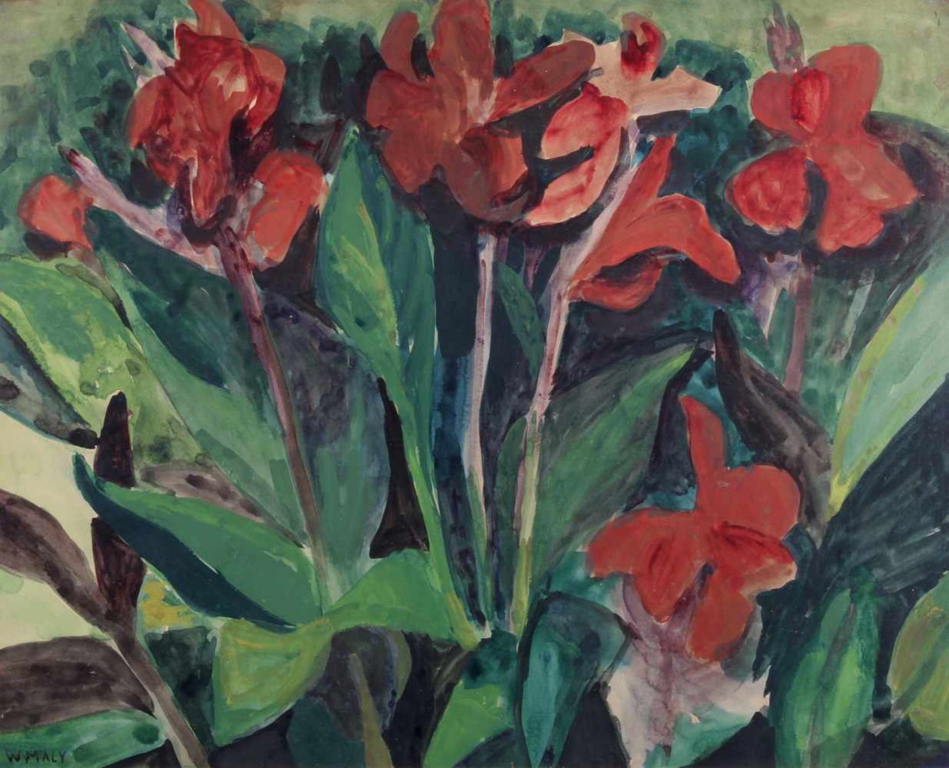 Maly, Wilhelm (1894 München - 1943 Davos, Maler und Holzbildhauer), Aquarell, "Rote Cannas",