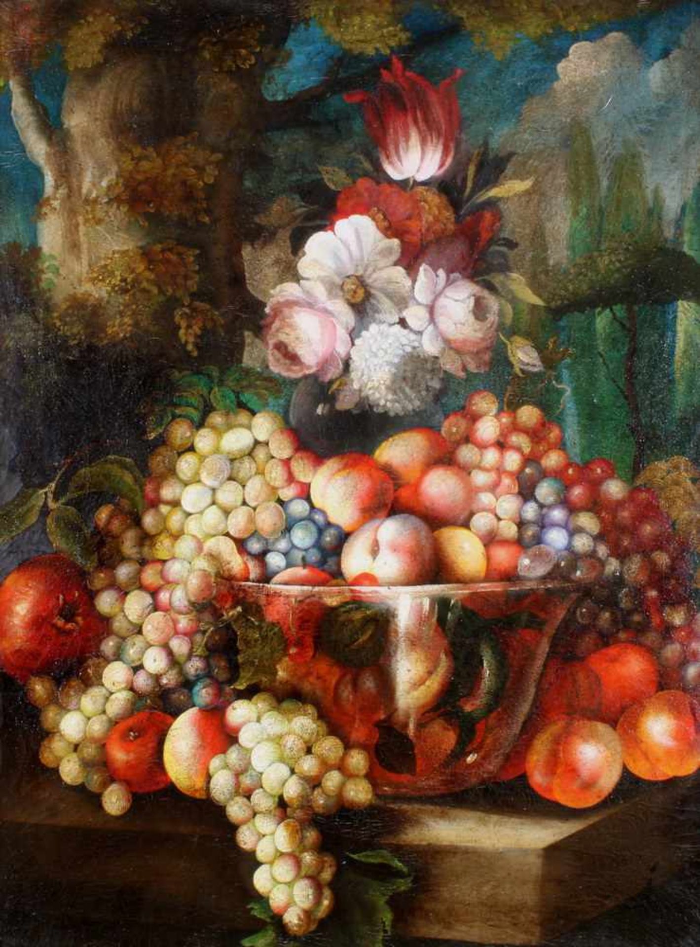 Stilllebenmaler (20. Jh.), "Stillleben mit Obst und Blumen", Öl auf Leinwand, im alten Stil, 80 x 60