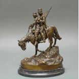 Bronze, braun patiniert, "Kosakenpaar zu Pferd", auf der Plinthe kyrillisch bezeichnet, auf