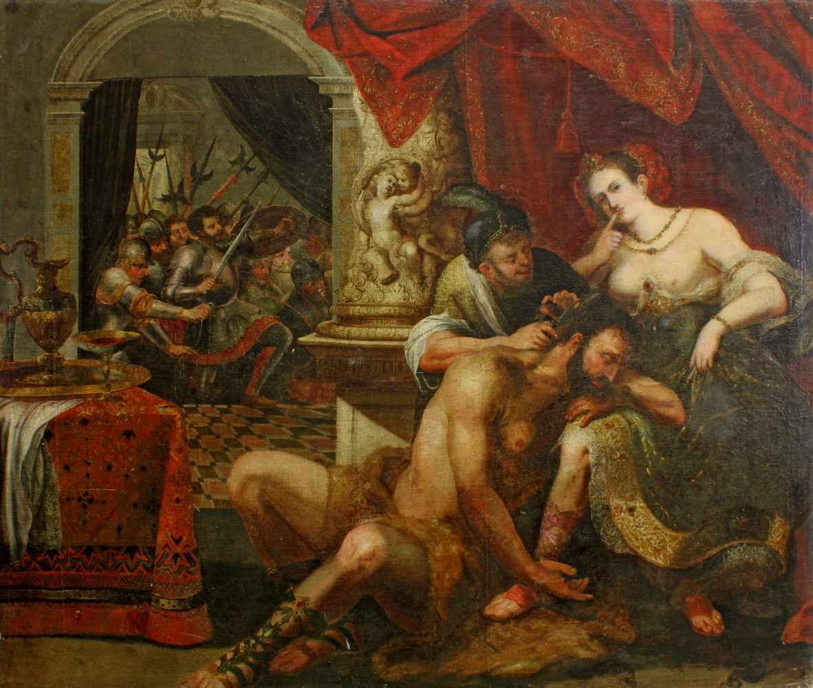 Deutscher Meister (1. Hälfte 17. Jh.), "Samson und Delilah", Öl auf Leinwand, doubliert, 166 x 193