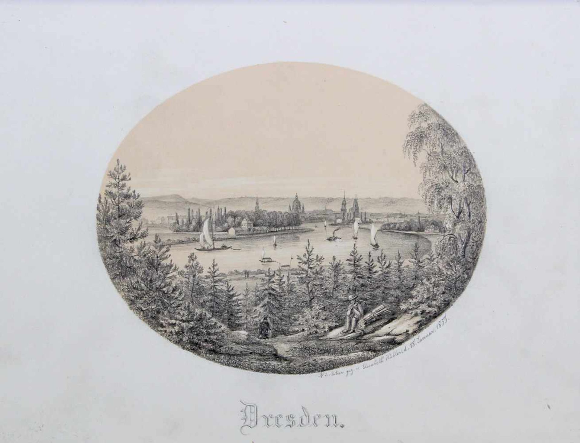 Hübler, Elisabeth (1837 Dresden - 1883 Blasewitz, Zeichnerin), Bleistiftzeichnung, "Blick auf