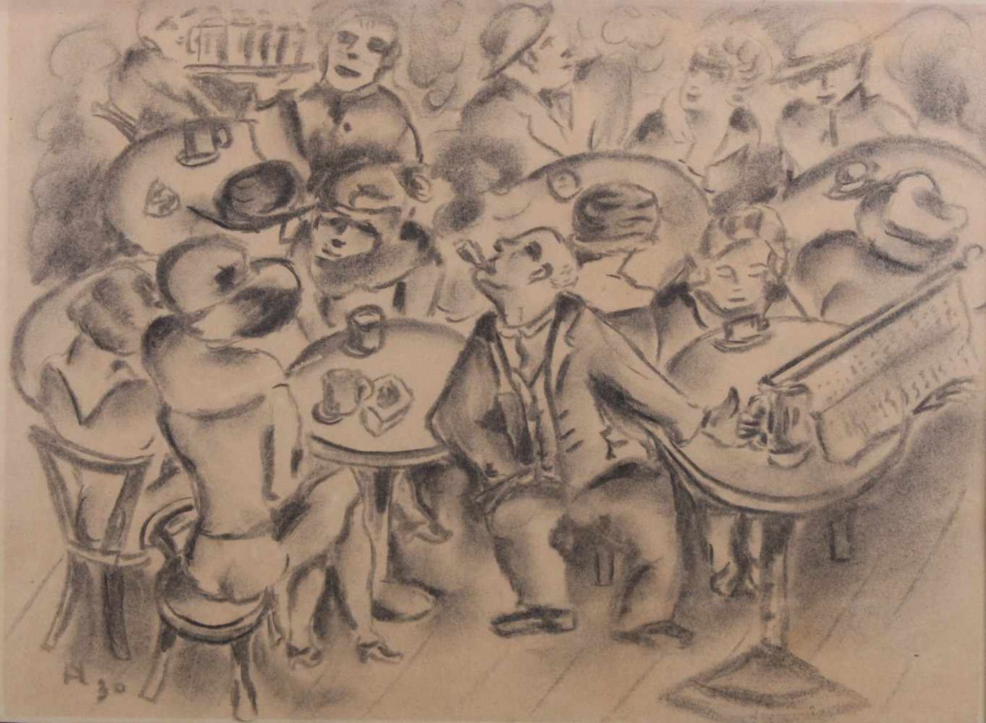 Monogrammist (1. Hälfte 20. Jh.), Kohlezeichnung, "Im Café", deutscher Expressionist,