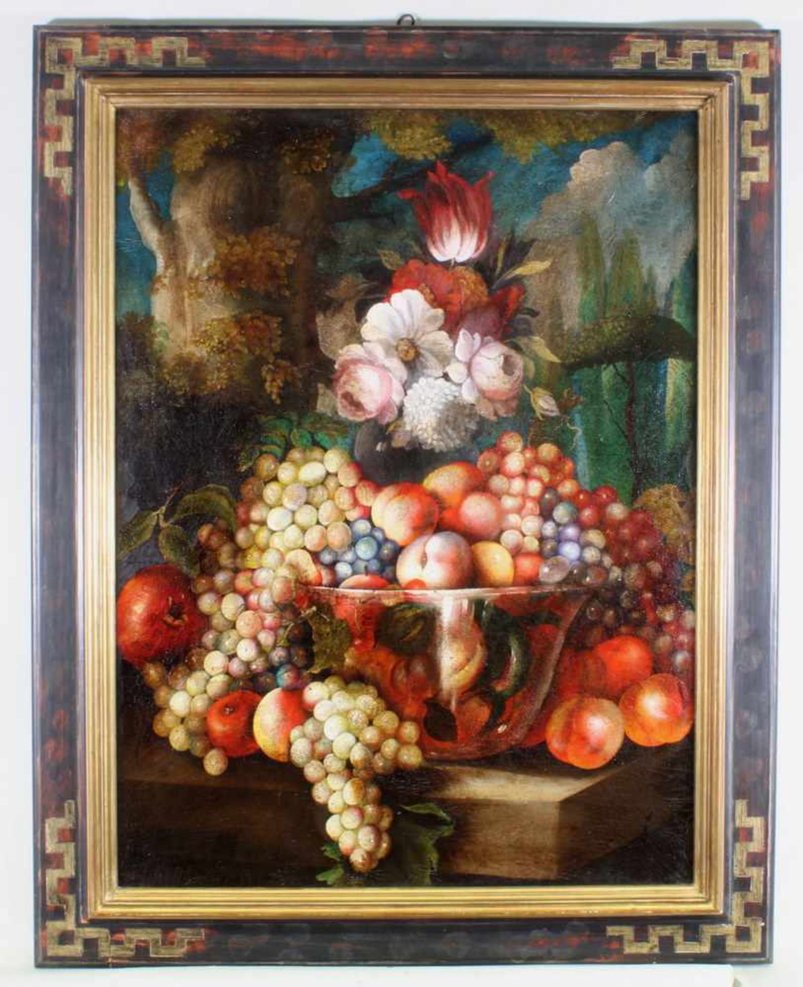 Stilllebenmaler (20. Jh.), "Stillleben mit Obst und Blumen", Öl auf Leinwand, im alten Stil, 80 x 60 - Image 2 of 3