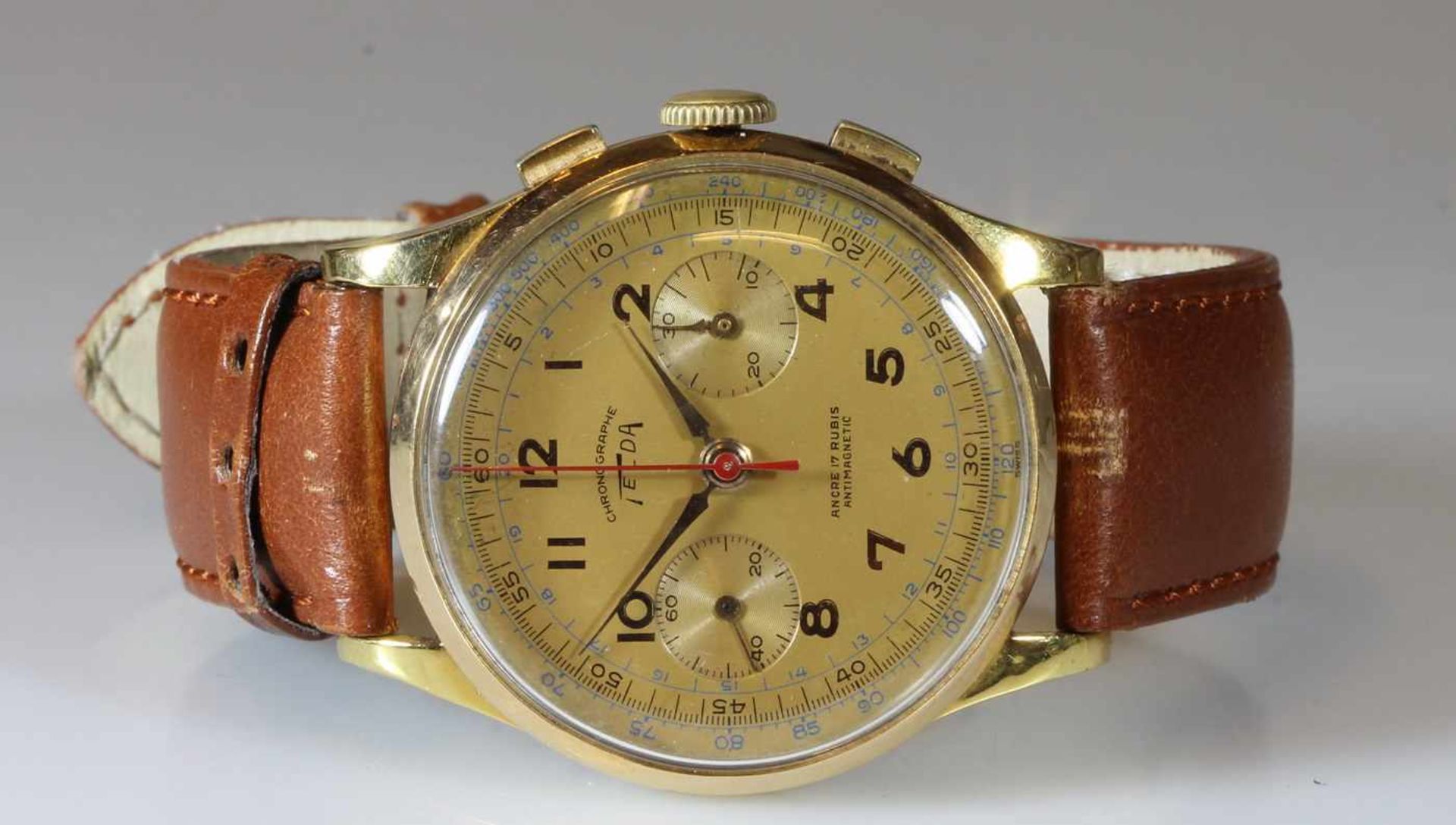 Herrenarmbanduhr, Telda, Schweiz, 1950er Jahre, Chronograph, Gehäuse-Nr. 424, Roségold 750, - Image 2 of 2