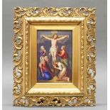Bildplatte, "Christus am Kreuz", KPM Berlin, polychrom, 20.5 x 13.7 cm, durchbrochener Holzrahmen