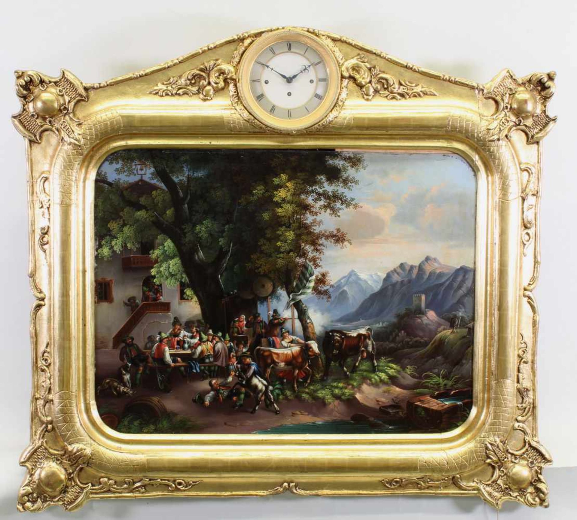 Bilderuhr, "Vor dem Wirtshaus", Österreich, um 1860/70, Öl auf Metallplatte, vergoldeter Holzrahmen,