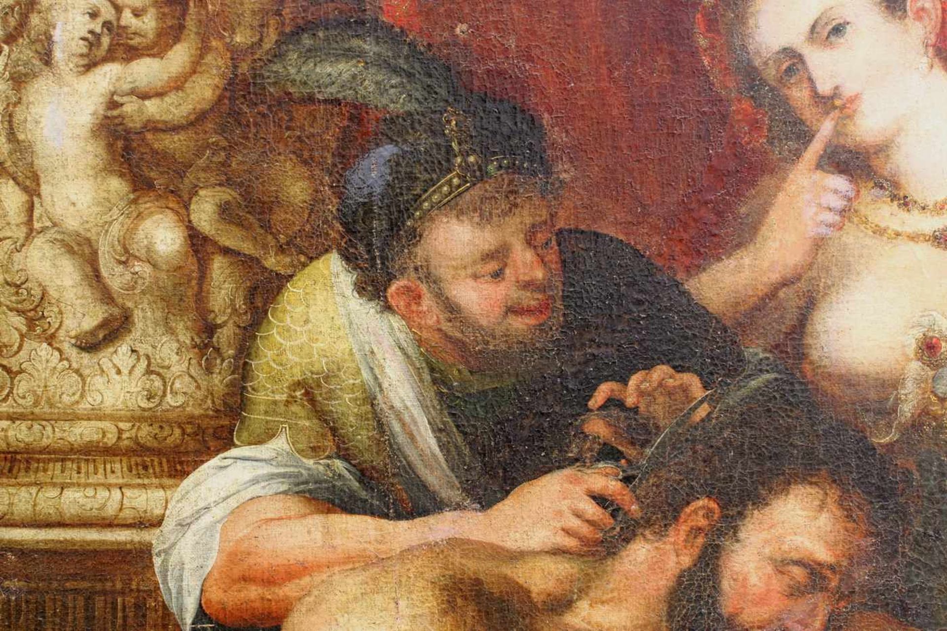 Deutscher Meister (1. Hälfte 17. Jh.), "Samson und Delilah", Öl auf Leinwand, doubliert, 166 x 193 - Image 5 of 9