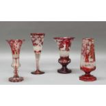 3 Vasen, 1 Pokal, Böhmen, 19. Jh., farbloses Kristallglas, rubinrot überfangen, geschnittene