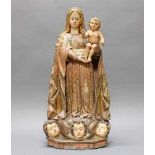 Skulptur, Holz geschnitzt, "Muttergottes mit Kind", wohl spanisch 18. Jh., Reste von Fassung, 65