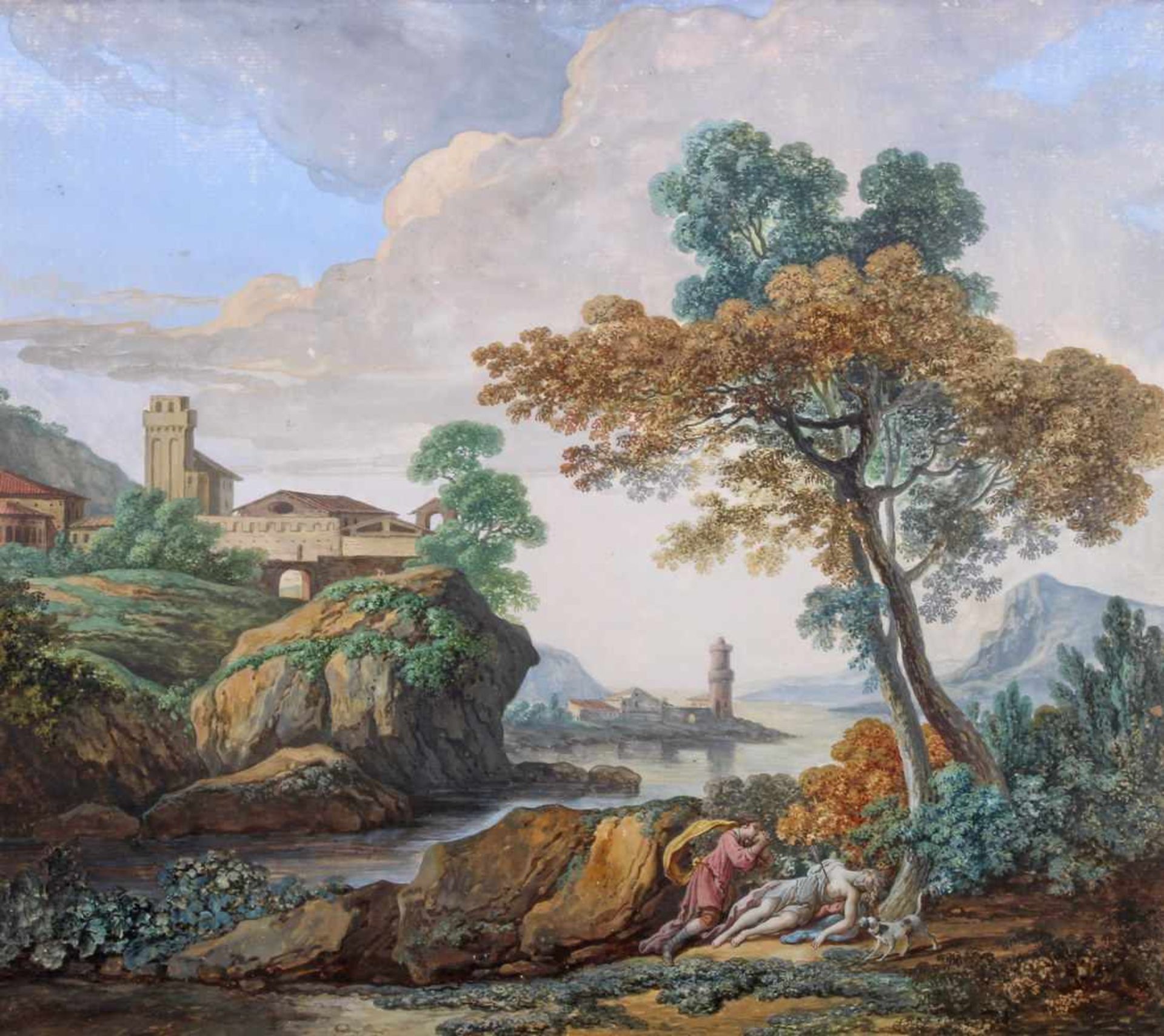 Italienischer Aquarellist (18. Jh.), Aquarell und Gouache, "Südliche Landschaft mit Apollo und