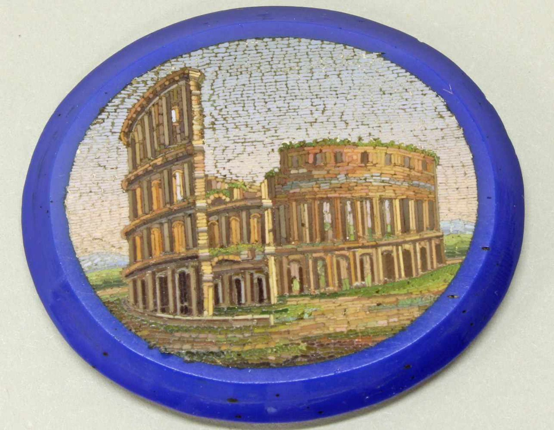 Mikromosaik-Plakette, "Kolosseum und Pantheon", oval, doppelseitig mit Mikromosaiken, blau