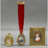 3 Miniaturen, Gouache, verschiedene Größen und Rahmungen, "Dame mit Hut", "Herr mit weißem