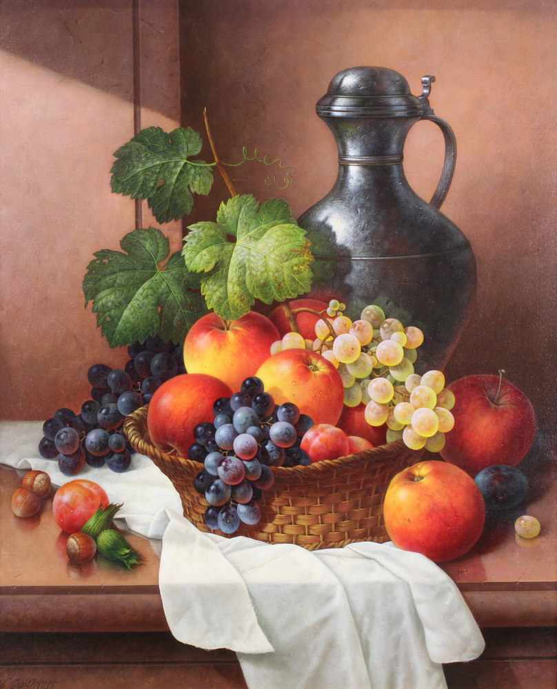 Caro, Werner de (geb. 1945 Augsburg, Stilllebenmaler), "Stillleben mit Obst und Zinnkanne", Öl auf