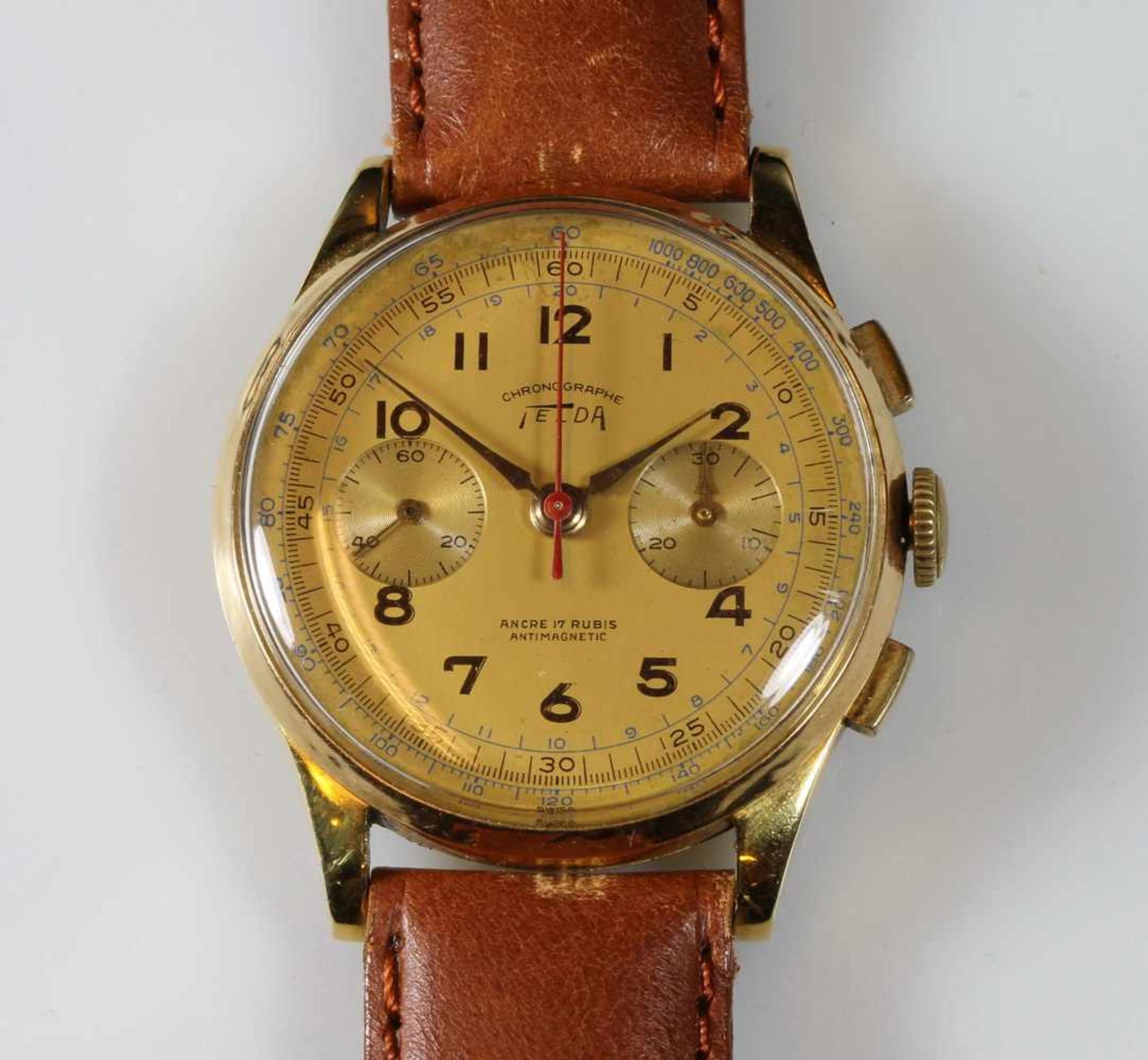 Herrenarmbanduhr, Telda, Schweiz, 1950er Jahre, Chronograph, Gehäuse-Nr. 424, Roségold 750,