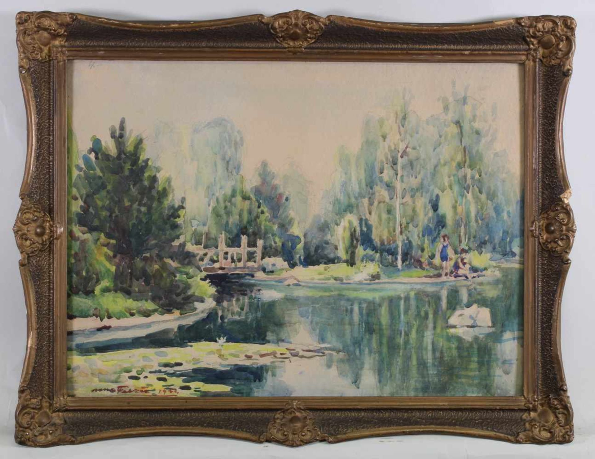 Französischer Künstler (tätig 1. Hälfte 20. Jh.), Aquarell, "Badende Mädchen am Kanal", undeutlich - Image 2 of 4