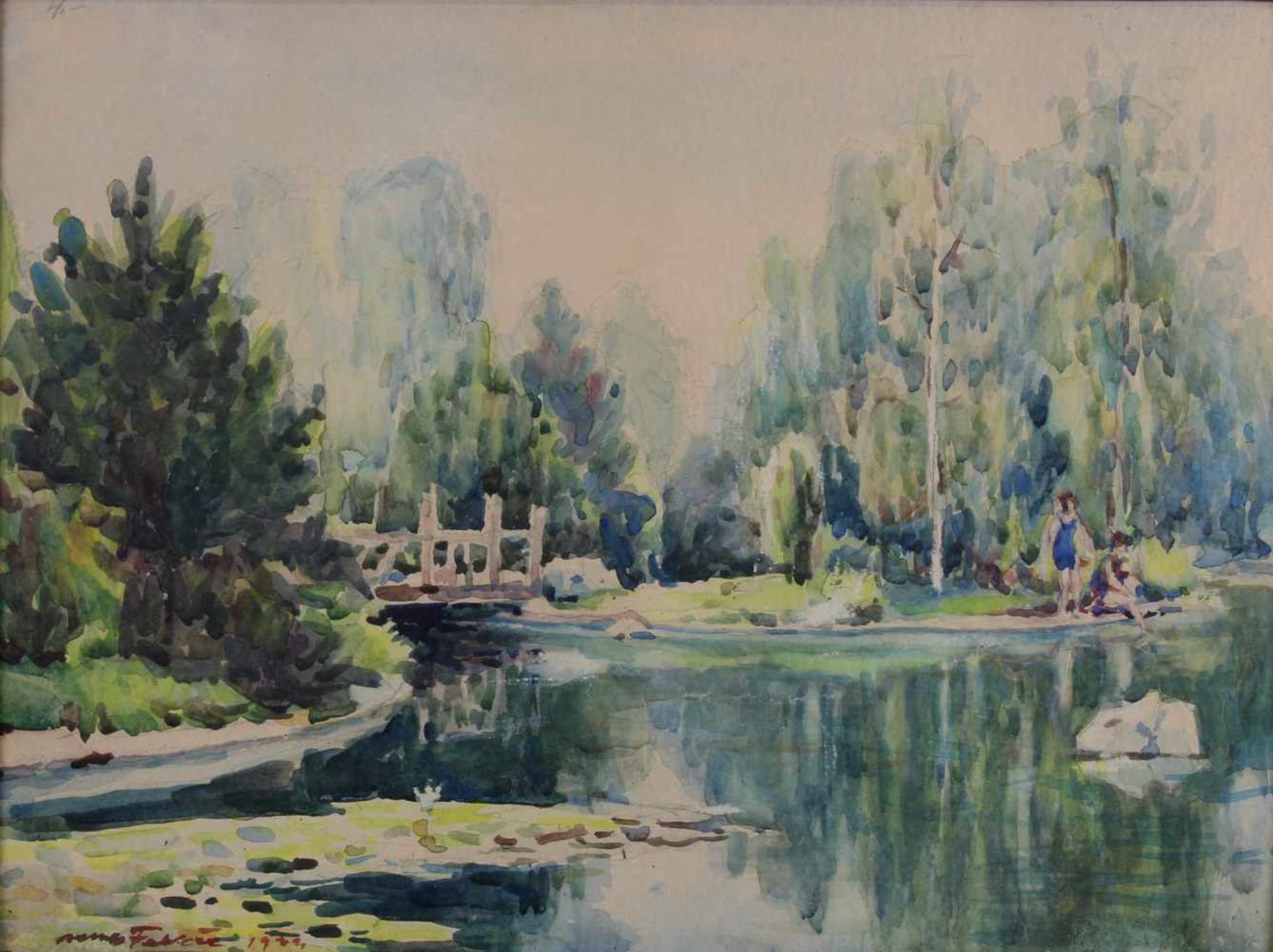 Französischer Künstler (tätig 1. Hälfte 20. Jh.), Aquarell, "Badende Mädchen am Kanal", undeutlich