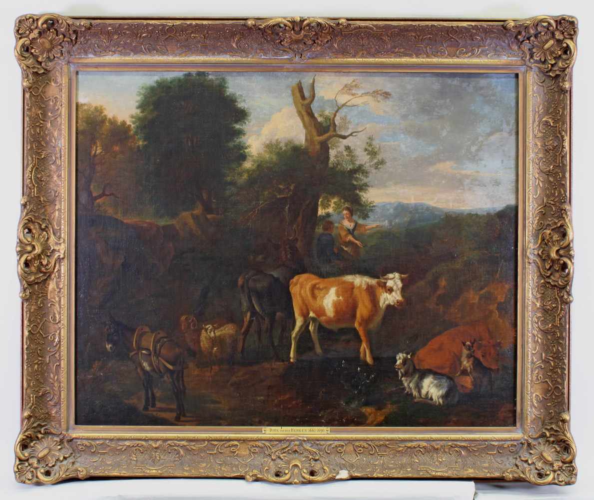 Bergen, Dirck van (Haarlem 1645 - 1690/1710), zugeschrieben, "Landschaft mit Hirten", Öl auf - Image 2 of 4