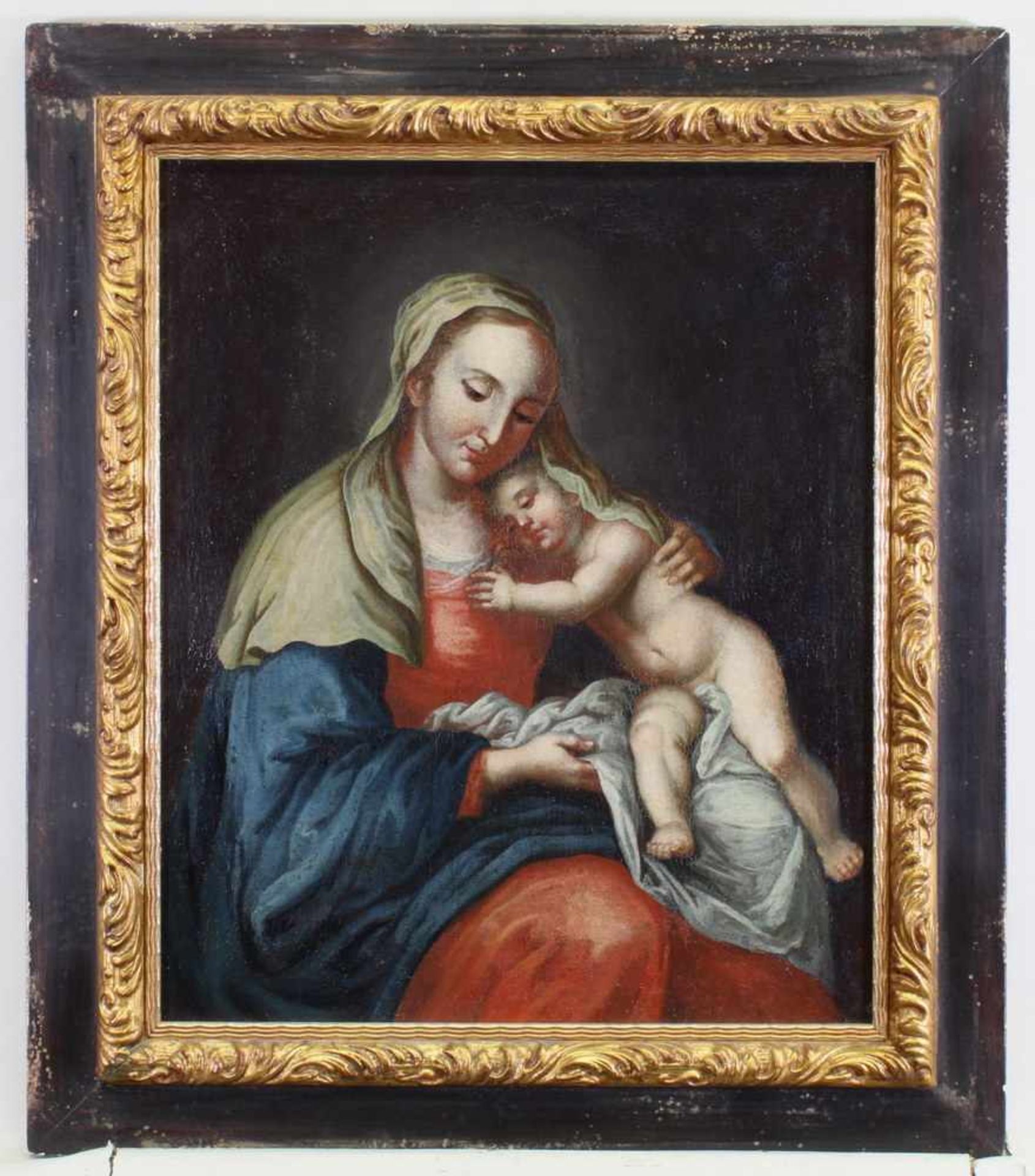 Deutsch (18. Jh.), "Muttergottes mit Kind", Öl auf Leinwand, doubliert, 60 x 48 cm, restauriert - Image 2 of 4