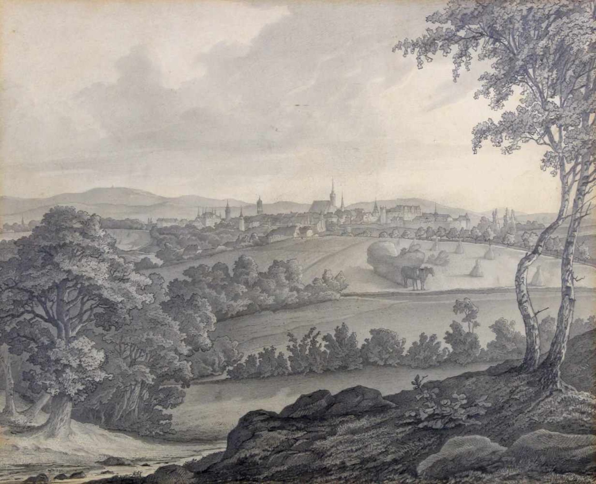 Förster, A. (19. Jh.), Bleistiftzeichnung, "Blick auf eine Stadt in hügeliger Landschaft",