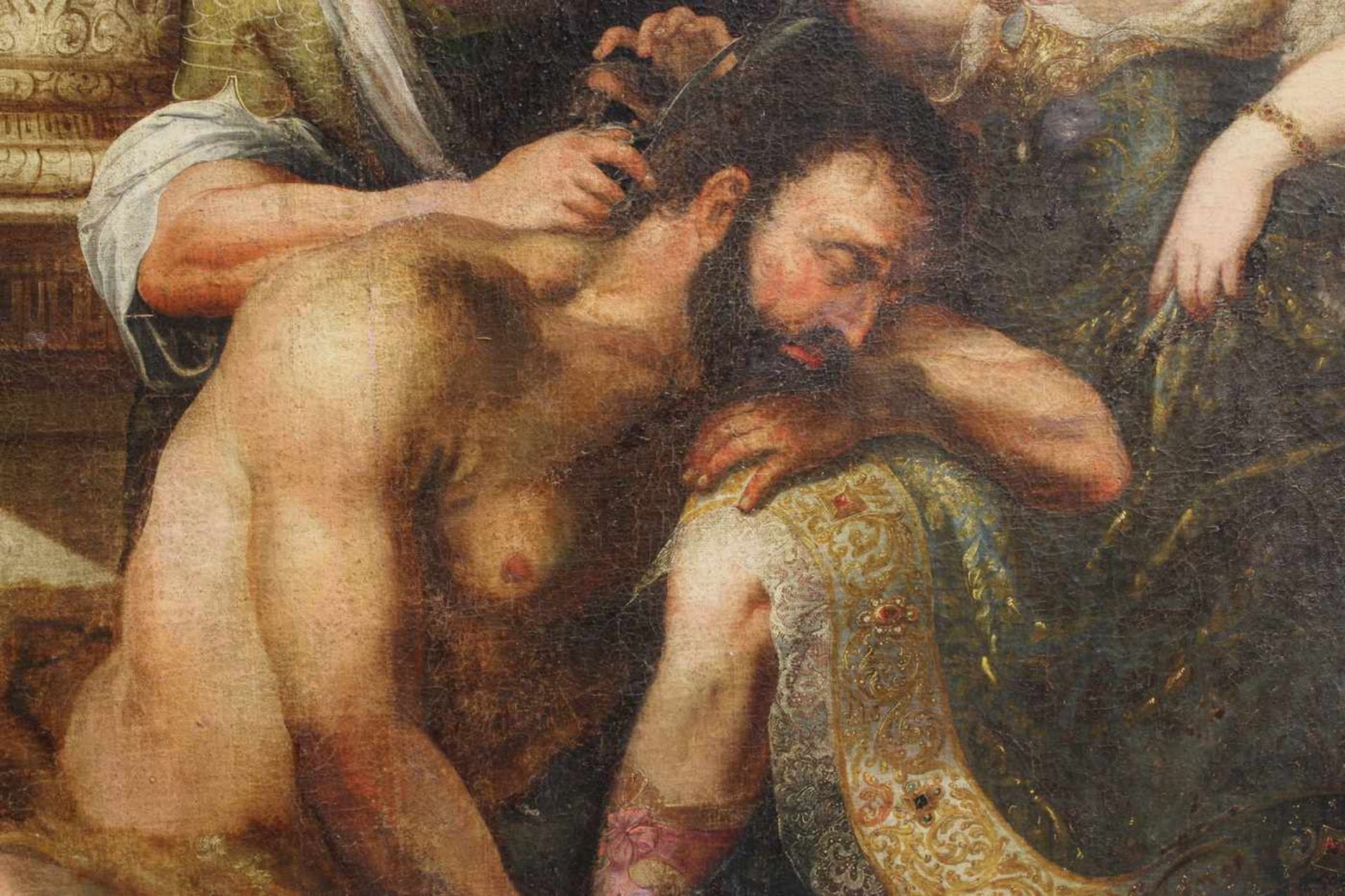 Deutscher Meister (1. Hälfte 17. Jh.), "Samson und Delilah", Öl auf Leinwand, doubliert, 166 x 193 - Image 4 of 9