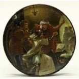 Lackdose, "Drei Männer und Liebespaar", Ende 19. Jh., Deckel mit farbiger Szene, Schwarzlack, 2 cm