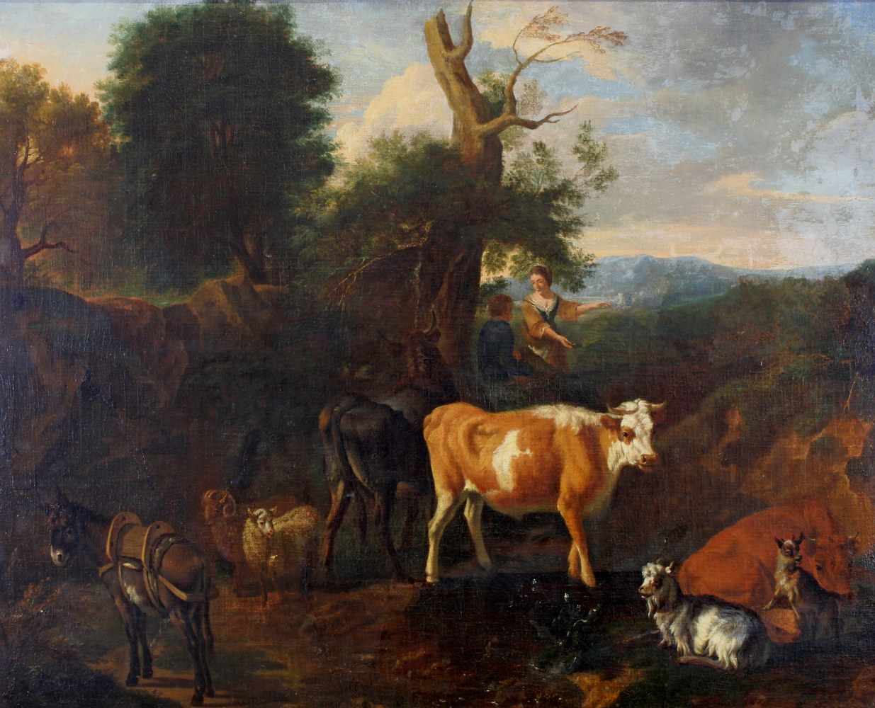 Bergen, Dirck van (Haarlem 1645 - 1690/1710), zugeschrieben, "Landschaft mit Hirten", Öl auf