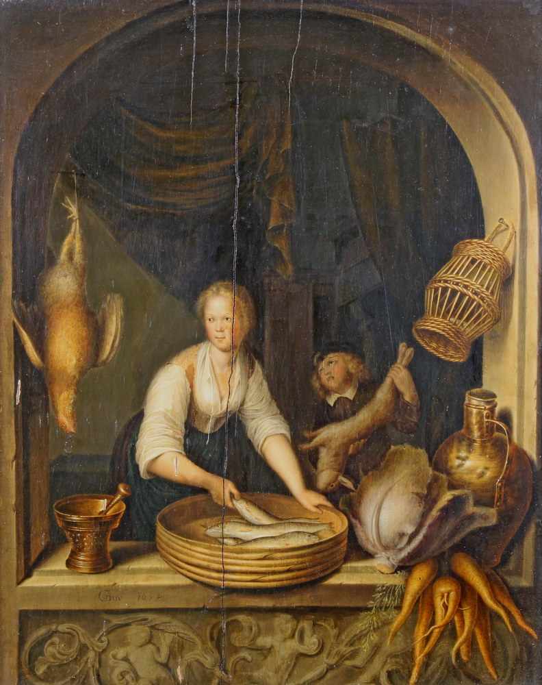 Dou, Gerrit (1613-1675), nach, "Fensternische mit einer Fischverkäuferin", Öl auf Holz, bezeichnet